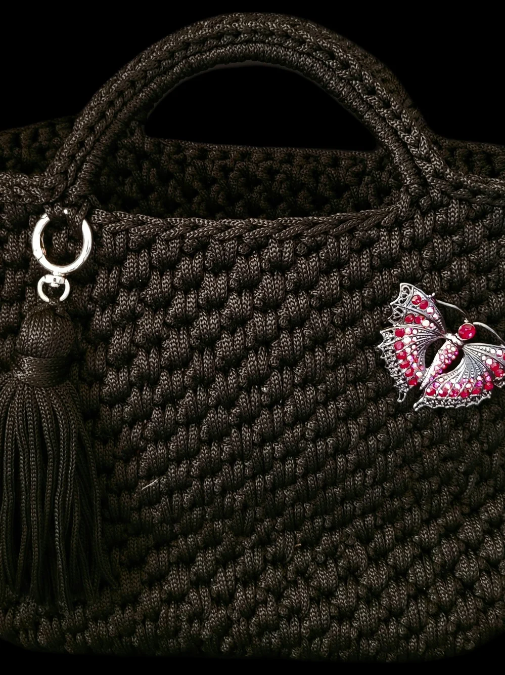 Black Knit Tote Bag with Red Butterfly Brooch